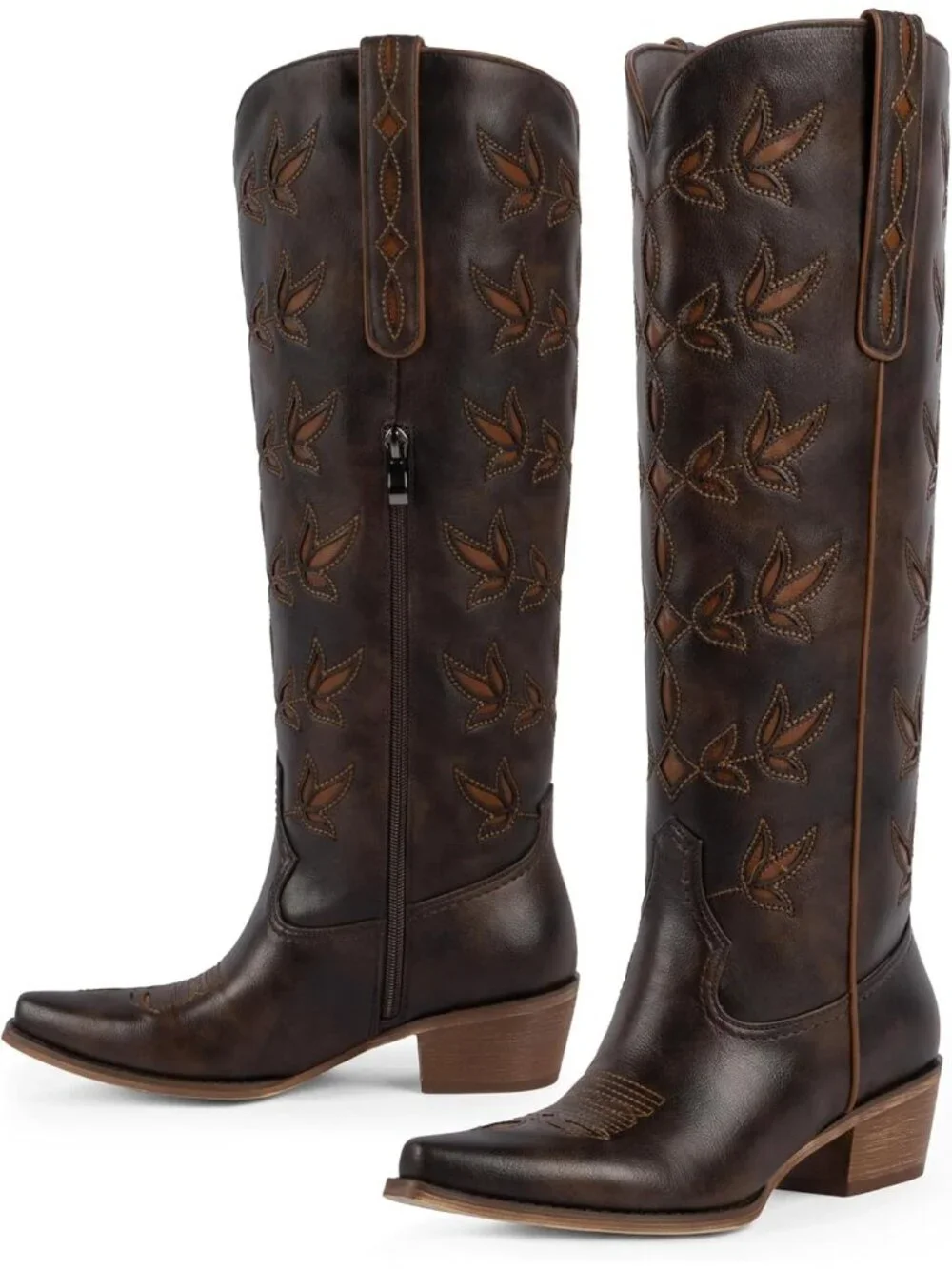 Women's Chocolate Knee High Cowgirl Boots Pointed Toe Slip On Chunky Heel